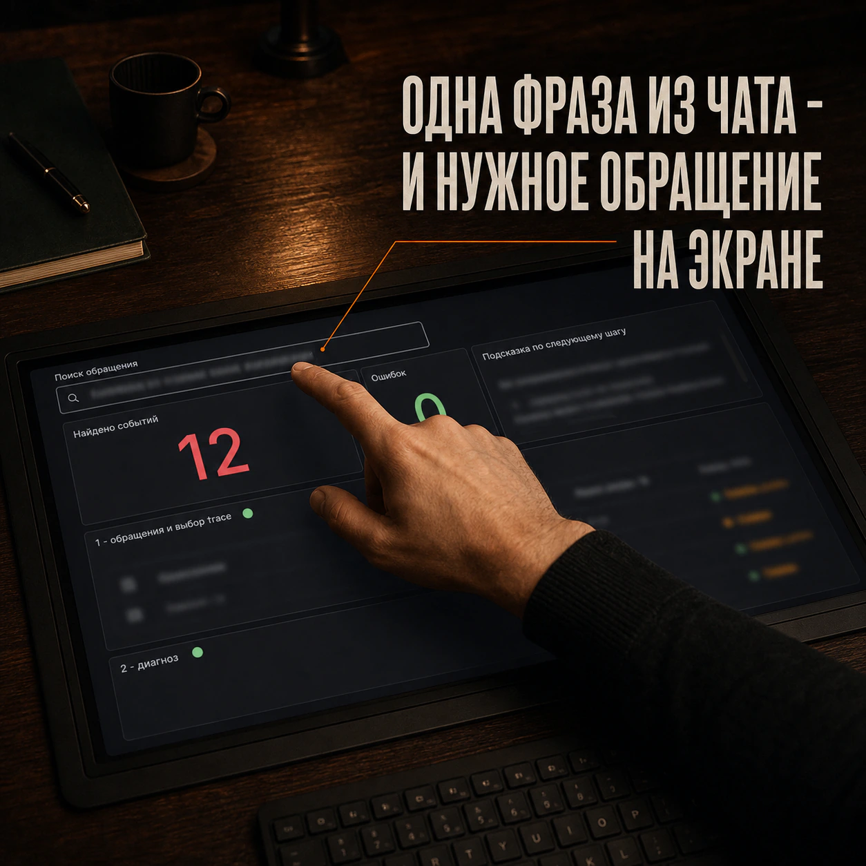 Поиск обращения ИИ-агента по фразе клиента на обезличенном экране диагностики.