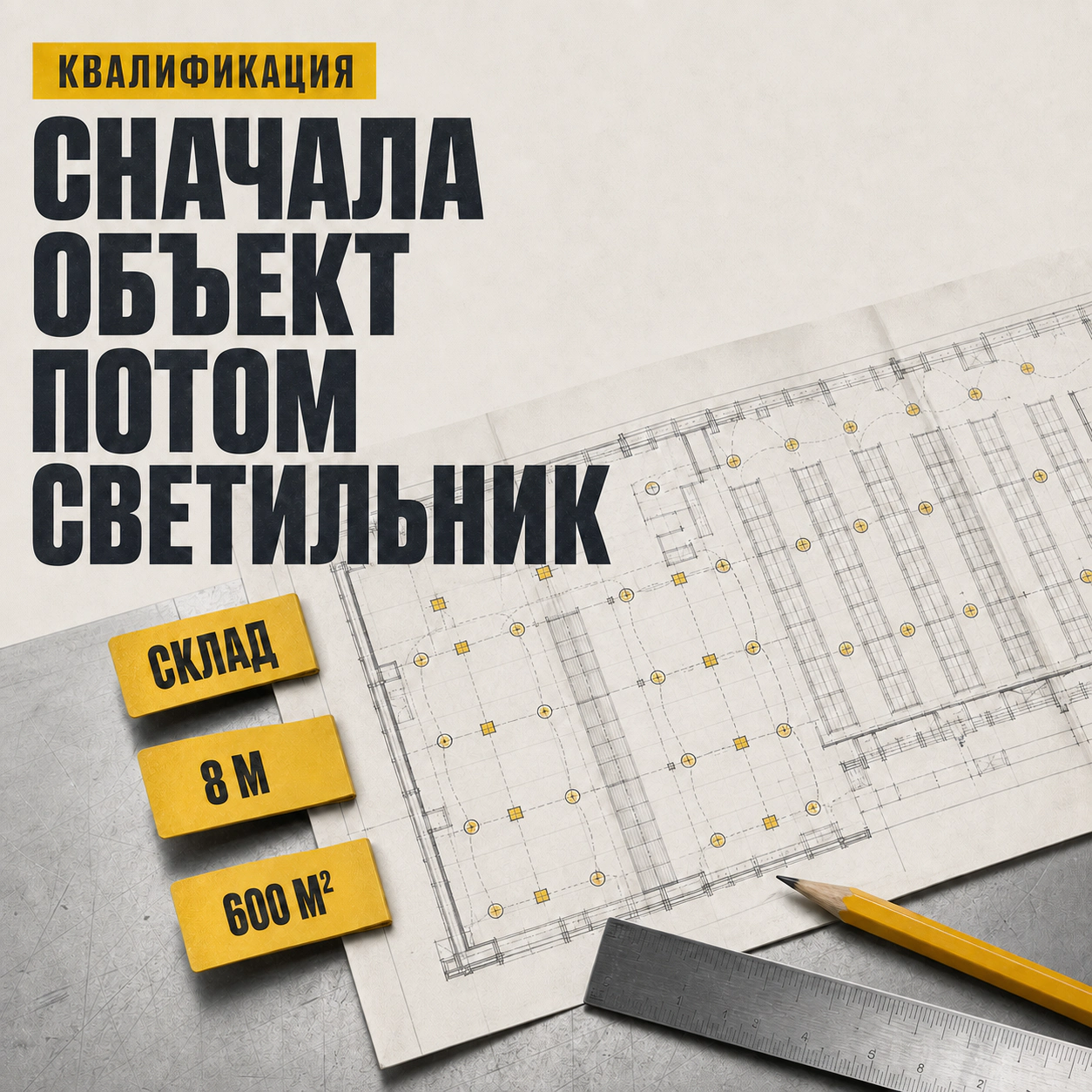 План склада с высотой и площадью, по которым ИИ-консультант уточняет задачу перед подбором света.