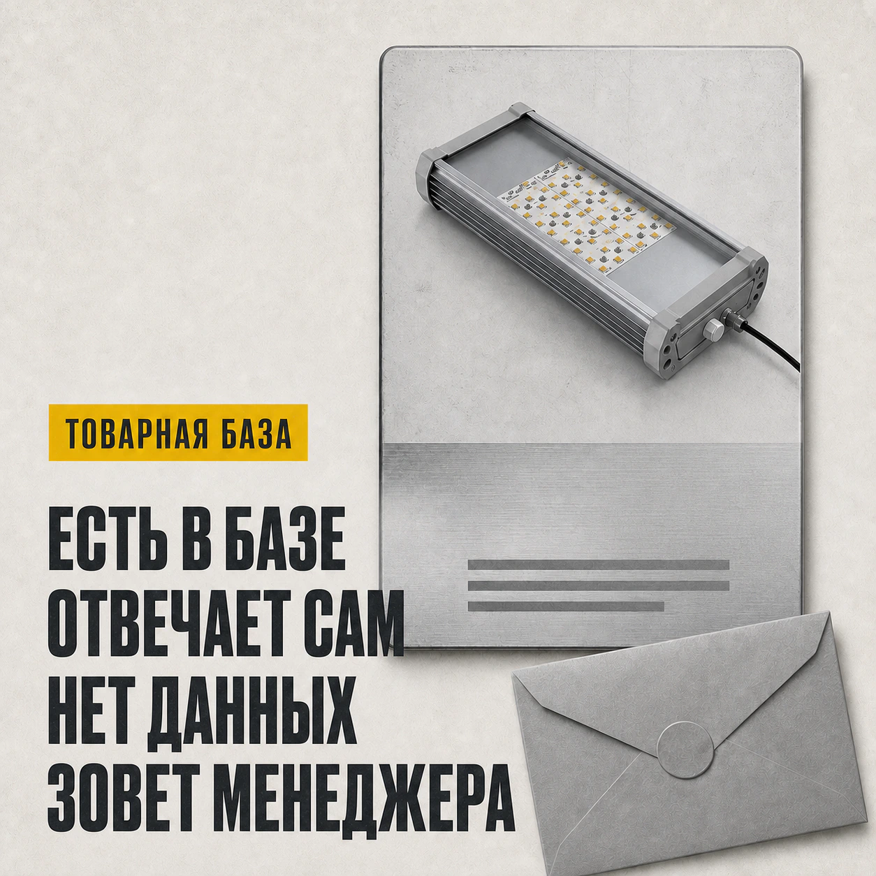 Большая товарная карточка промышленного светильника и крупный заголовок о передаче неизвестного вопроса менеджеру.